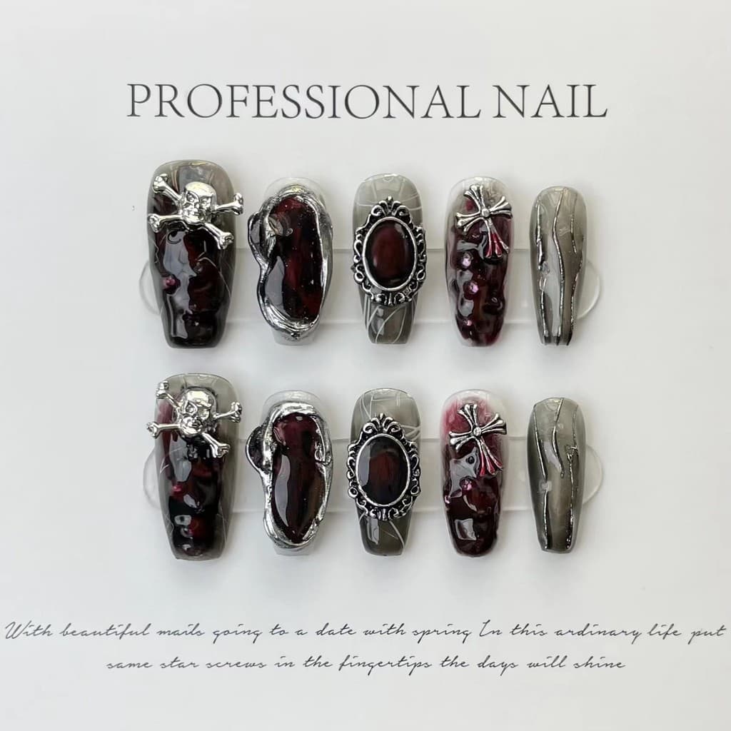 [HANDMADE] Unhas artificiais Halloween Dark Hot Girl Estilo Handmade Crânio Corvo Coração High-end Fototerapia Unhas Reutilizáveis e Removíveis