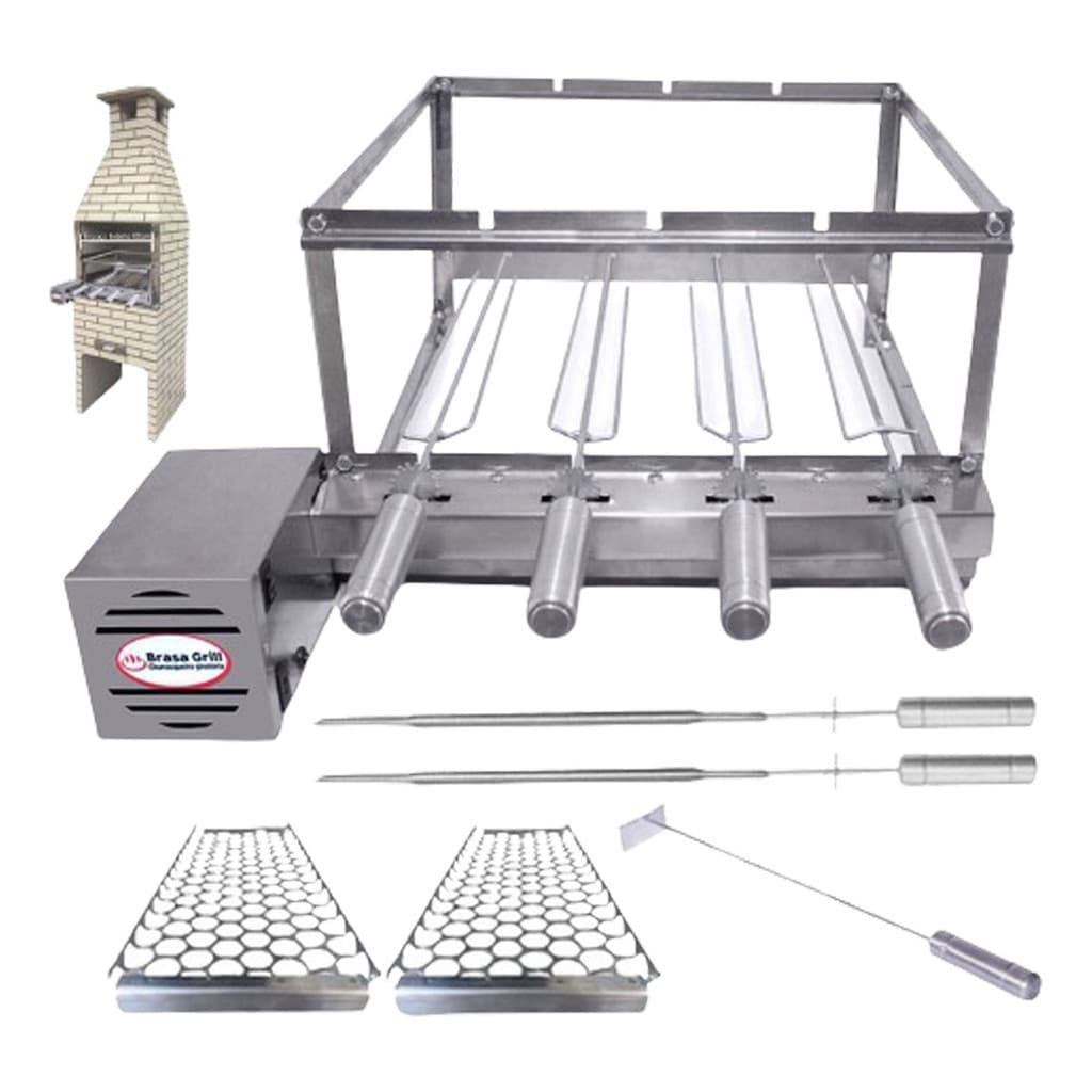 Brasa Grill Inox Gira 4 Espetos para Churrasqueira Pré Moldada de 55cm Espaço Interno Largura