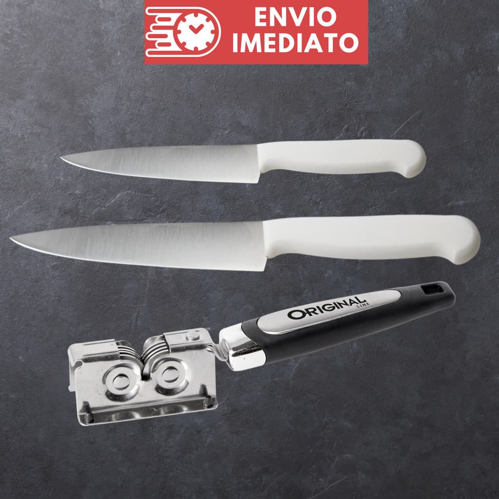 Kit 3 Peças Faca de Cozinha Cabo de Plástico Afiador Amolador de Faca Inox Faca De Corte Peixeira