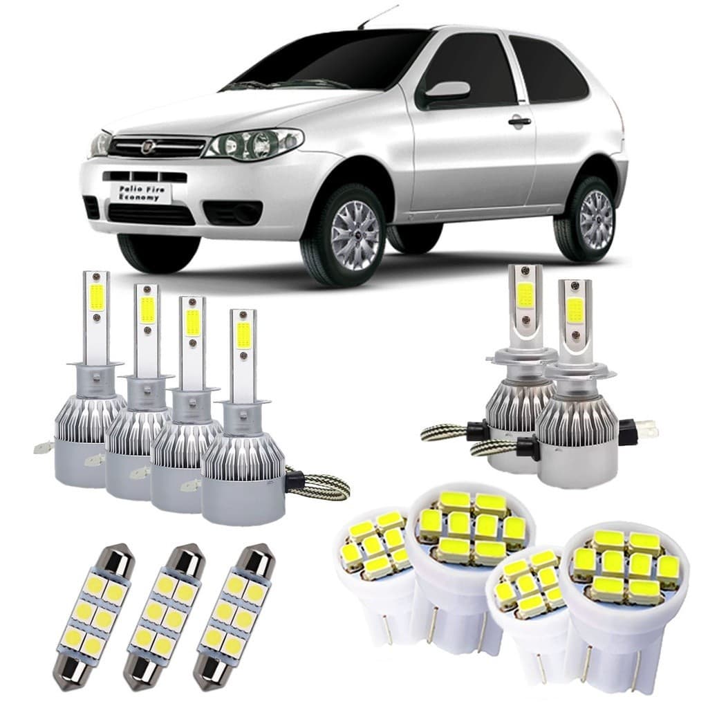 Kit Completo Lâmpada LED Fiat Palio Fire 2007 a 2014 H1 H7 T10 e Torpedo