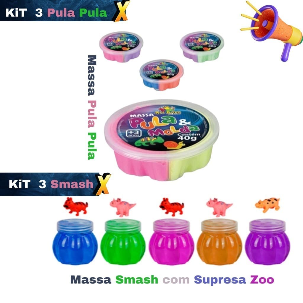 Kit 3 Massa Pula e Molda 40g + Diversão Incrível + 3 Surpresas Zoo