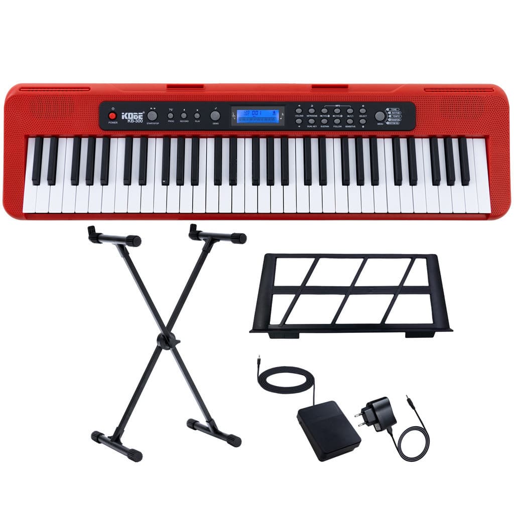 Kit Teclado Musical Iniciante Kobe KB-300 5/8 61 Teclas Sensitivas com Pedal Sustain e Suporte