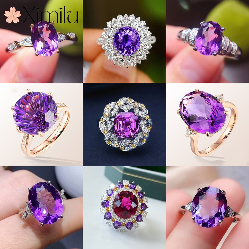 ⭐ Luxo 50 Estilos Ametista Série Diamante Completo Rosa Ouro Anel Temperamento Feminino Jóias Gemas Púrpura Original