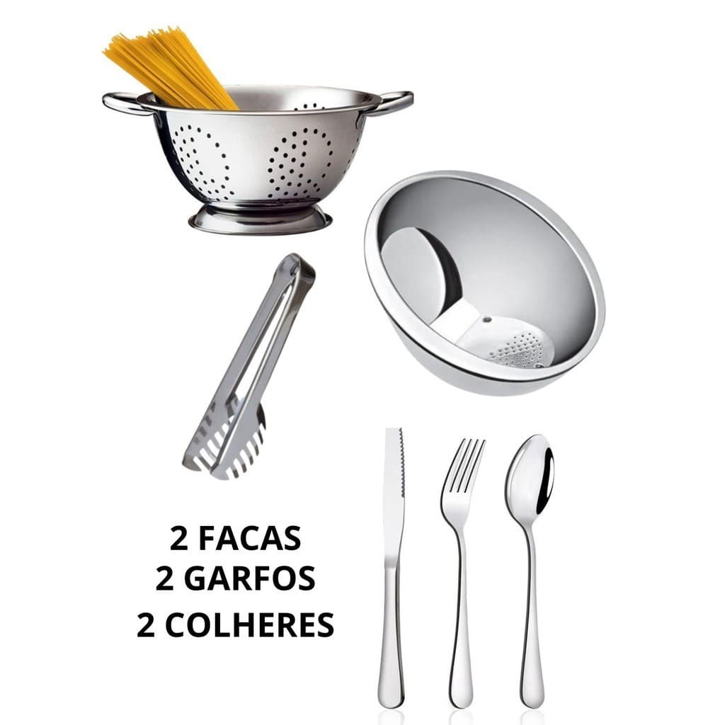 Kit 3 Peças Escorredor De Massa e Macarrão 24cm com Alça em Inox + Lavador de Arroz 25cm em Inox + Pegador de Saladas e Massas Inox 20cm + 6 TALHERES