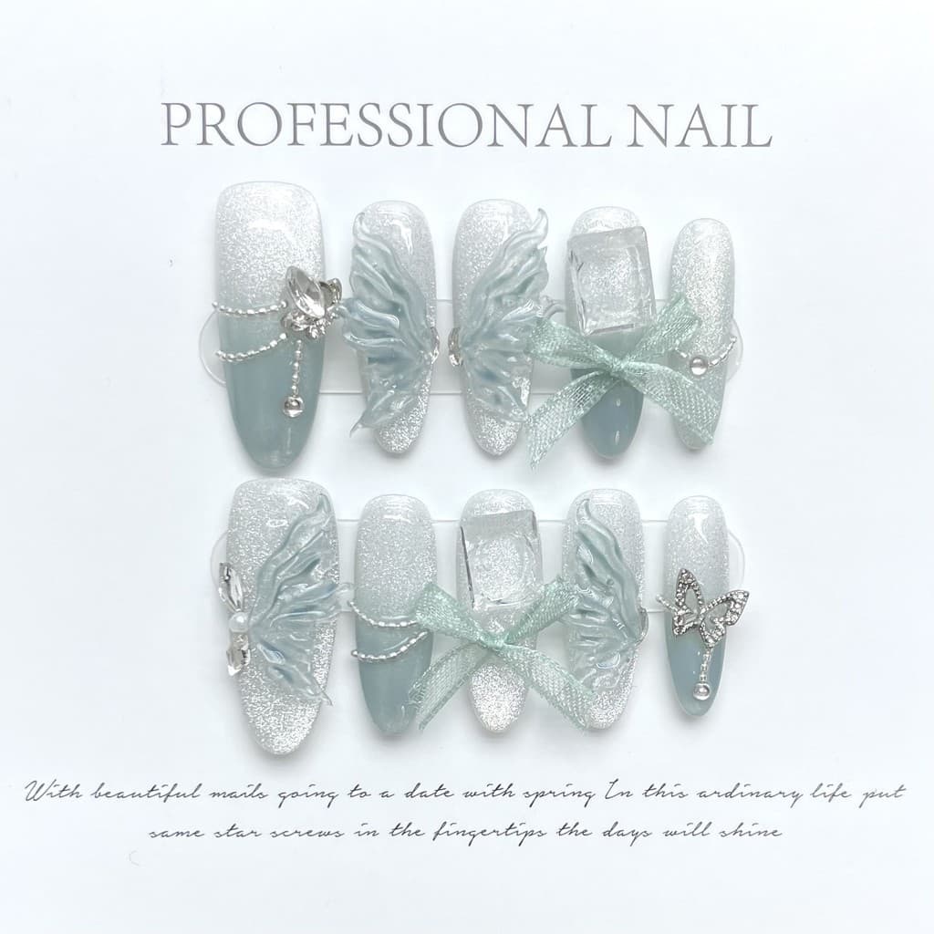 [HANDMADE]Artificial Nail Borboleta Ribbon Smoothie Luz Azul Gradiente Cat Eye Super Flash Girl Pregos Fototerapia Pregos Reutilizáveis e Removíveis
