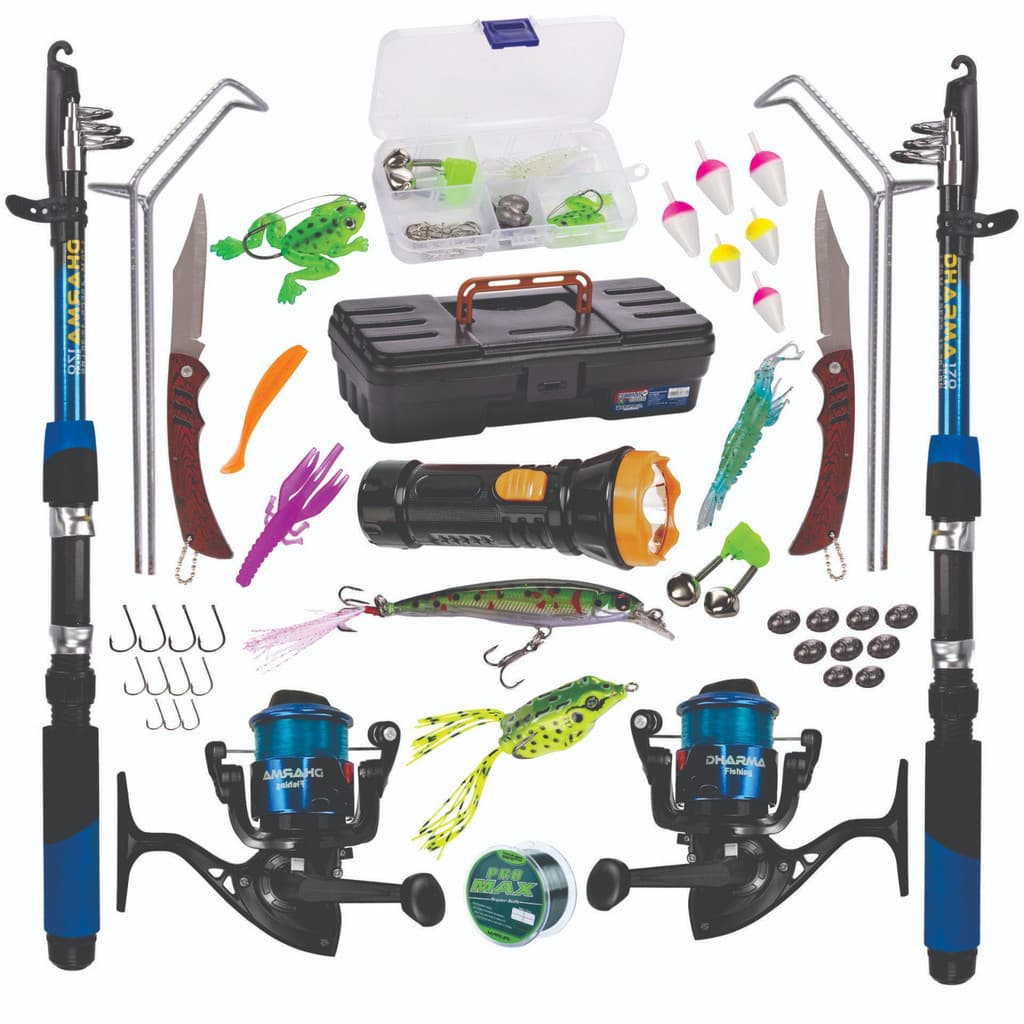 KIT COMPLETO COMPLETÍSSIMO 2 VARAS + 2MOLINETES + LANTERNA + 2 CANIVETES + MALETA + ISCAS + SUPORTE + ITENS