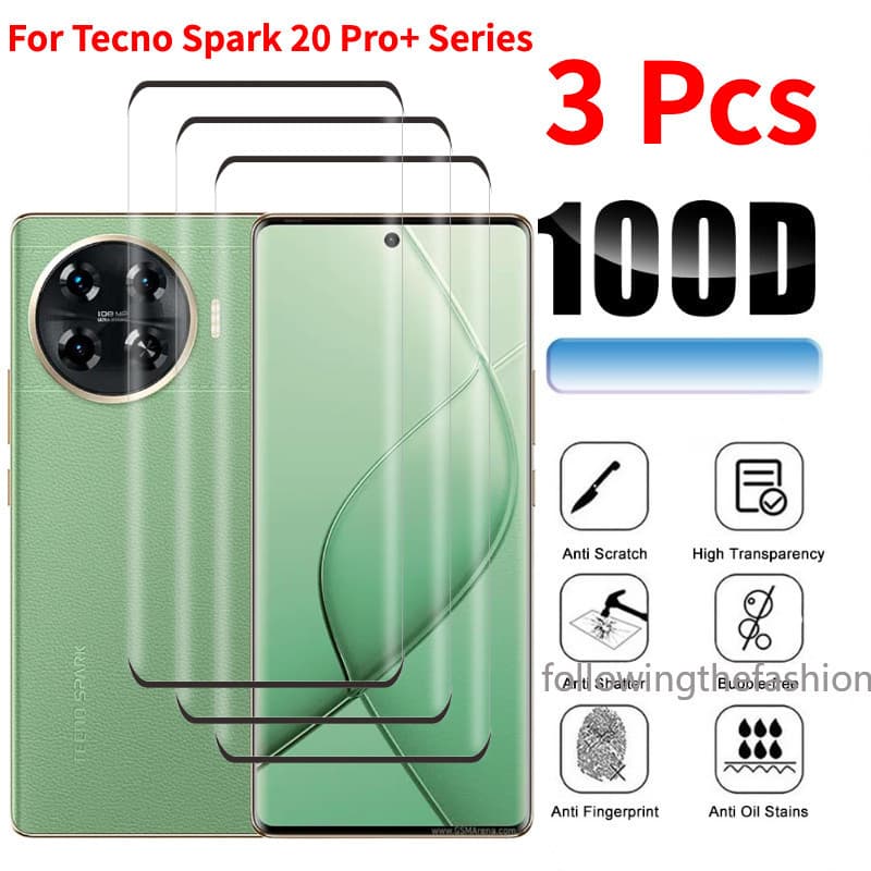 3em1 3D Vidro Transparente Temperado Para Tecno Spark 20 Pro + 4G Spark20 20Pro 20C 2024 Protetor De Tela Classe De Filme De Lente De Câmera De Cobertura Total
