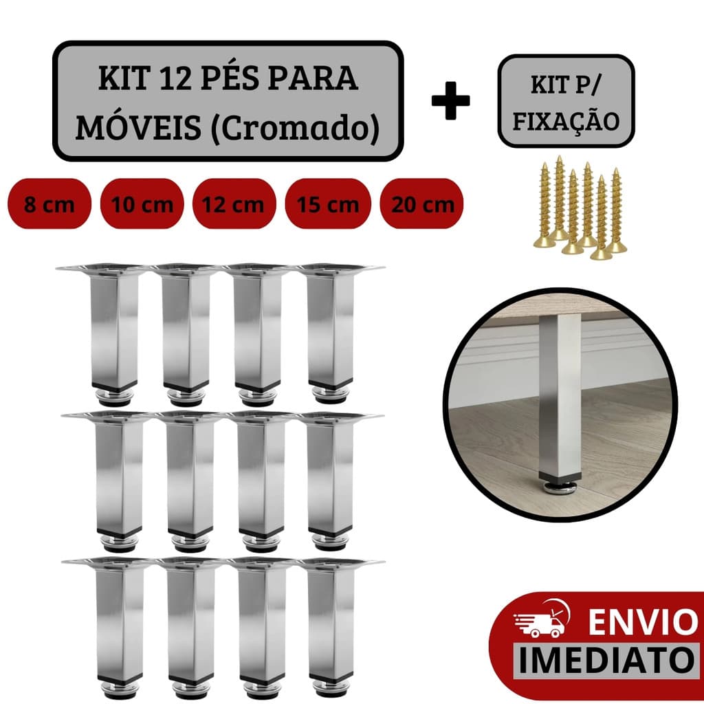 Kit 12 Pés Para Móveis Regulável Quadrado Cromado - 8cm | 10cm | 12cm | 15 cm | 20cm