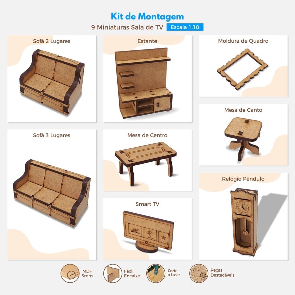 Kit de Montagem 9 Miniaturas Sala de TV Escala 1:18 Maquete Diorama Puzzle 3D