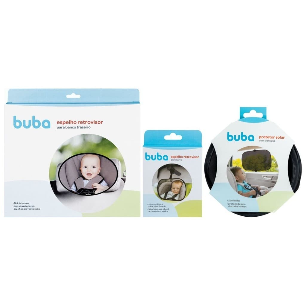 Kit Espelho Retrovisor Oval Banco Traseiro Bebê Conforto Cadeirinha Carro, Espelho Retrovisor Dianteiro Pequeno Fixação Ventosa ou Clipe e Kit Protetor Solar com Ventosas Buba