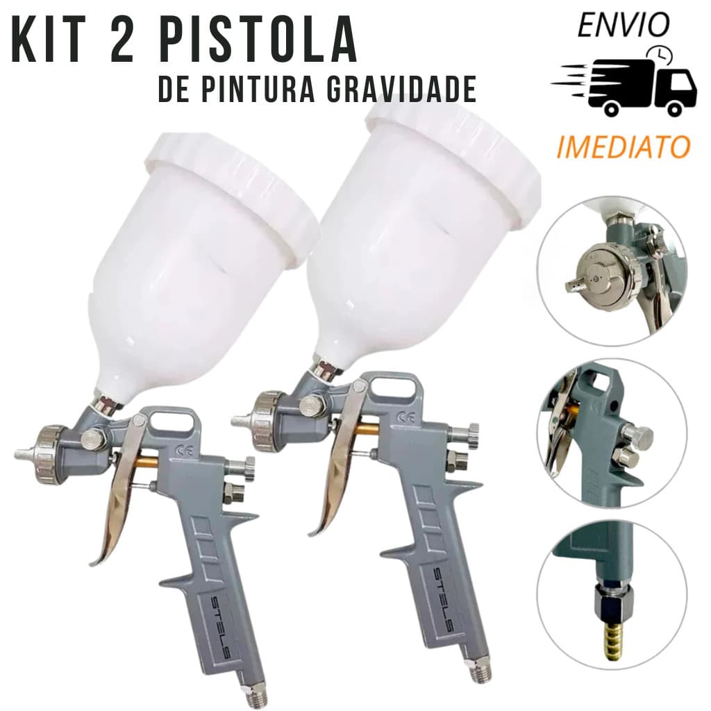 Kit 2 Pistola de Pintura 3 Bicos Gravidade 600ml 1,2 1,5 1,8mm
