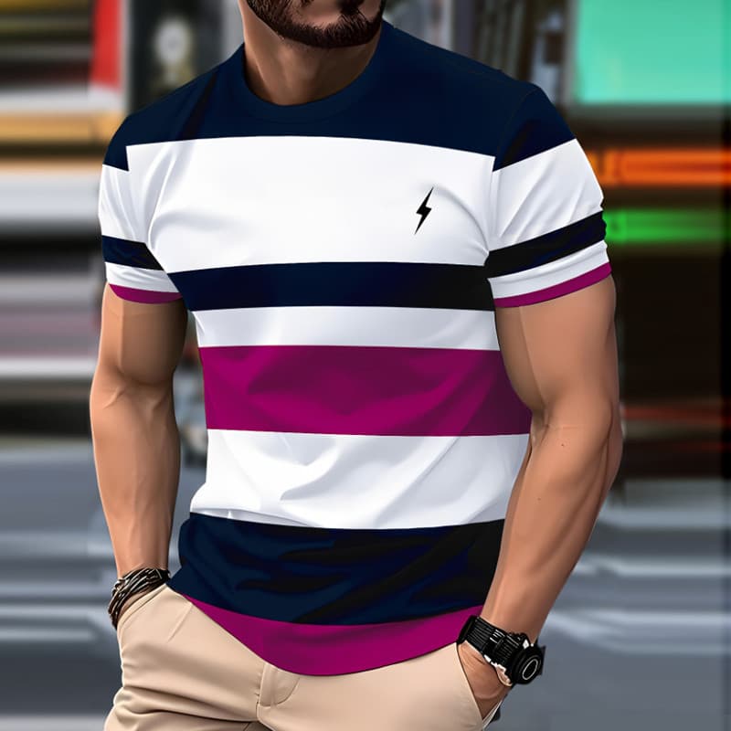 Camiseta Masculina Casual Com Gola Redonda 3D Romance Listrado Manga Curta Top Relâmpago Logotipo Rua Hip Hop Roupas Ao