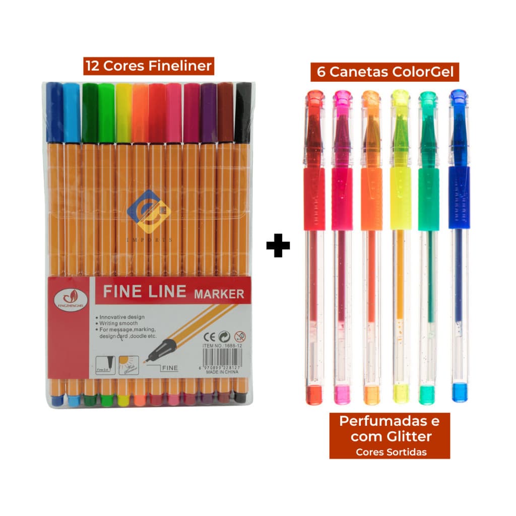 Kit Canetas Fineliner 12 Cores + 6 Canetas Coloridas Gel com Glitter Perfumadas