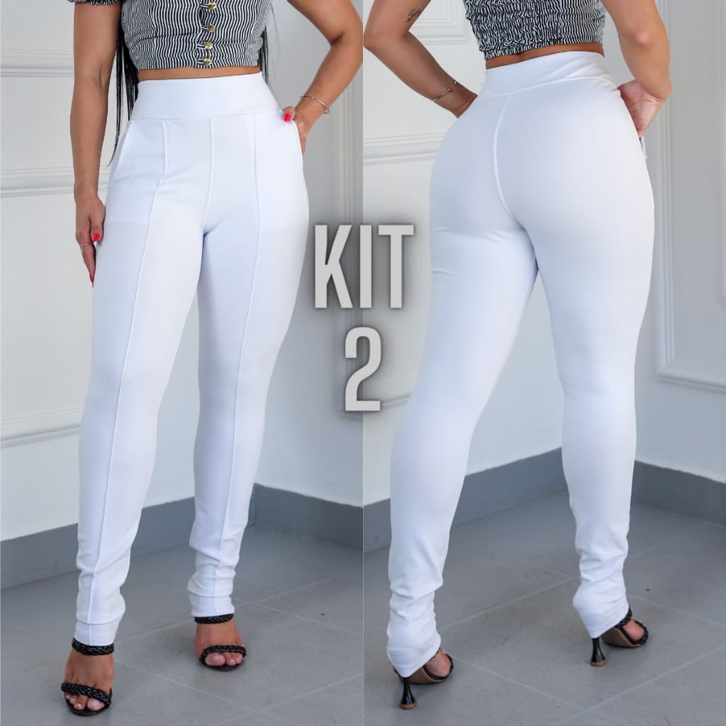 KIT 2 Calça BRANCA Feminina Skinny Malha Crepe Cintura Alta Com Bolso enfermagem
