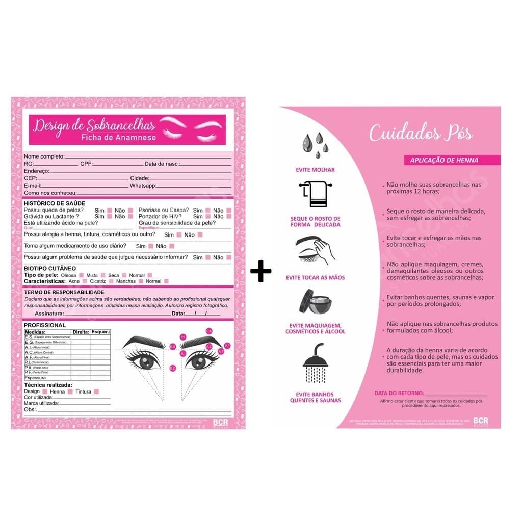 Kit Bloco Ficha Anamnese Design Sobrancelhas ( Cuidados Pós com 100 Folhas cada)