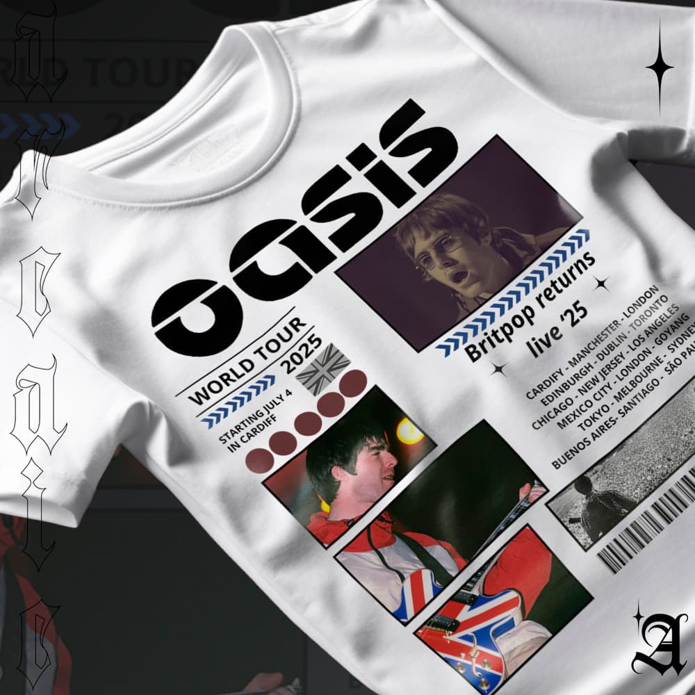 Camiseta Basica Algodao World Tour 2025 Oasis Britpop Returns Live Tee Unissex