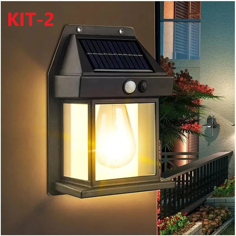 KIT 2 Luminária Solar Parede Arandela Colonial Vintage Led Sensor Presença Bateria Prova D'Água