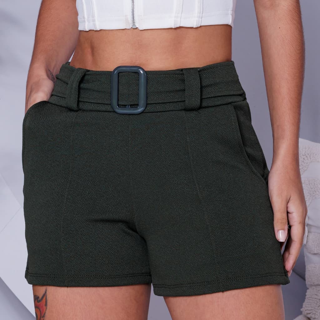Shorts Feminino Curto Cintura Alta com Cinto Malha Crepe Bolso Elastano M G GG EXTRA