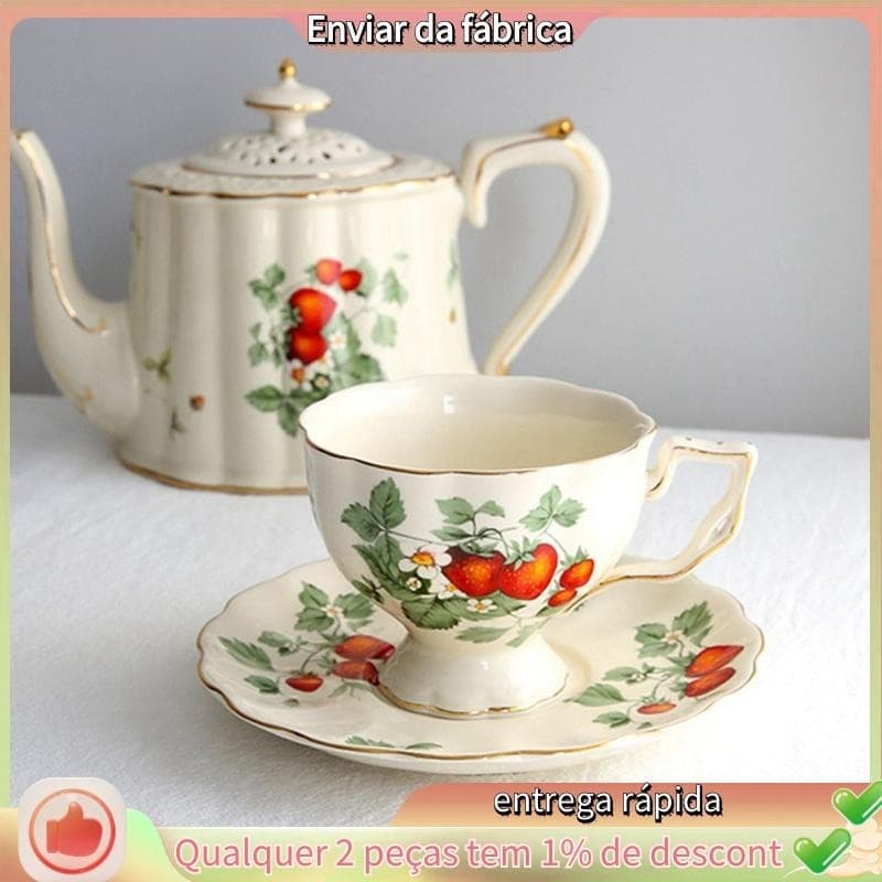 Chávena De Chá Francesa Retro Conjunto De Xícaras De Café Gold Edge Saucer Flower Grande Inglês À Tarde