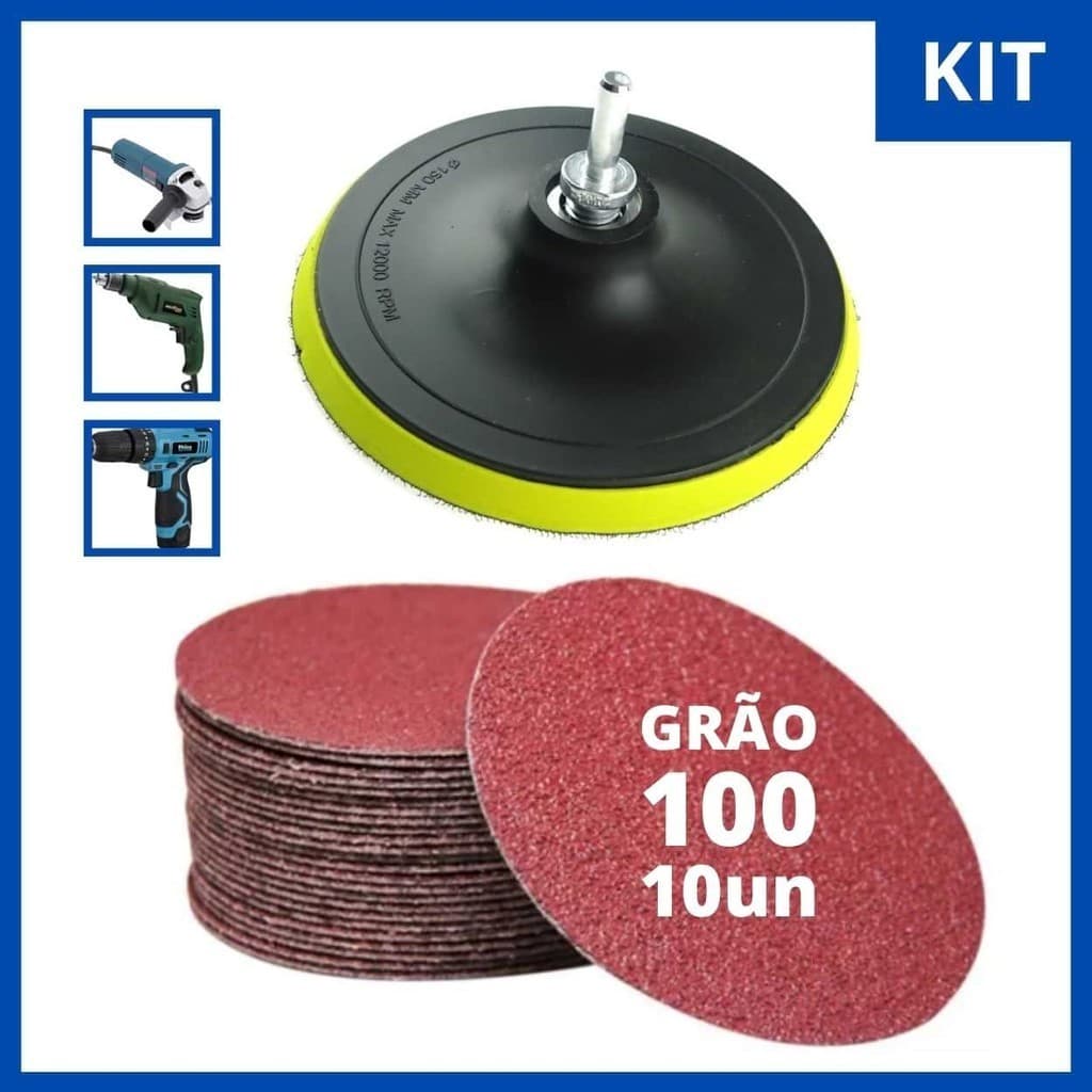 Suporte Lixa Velcro + 10 Lixas Grão 100 c/ Adaptador Furadeira Lixadeira