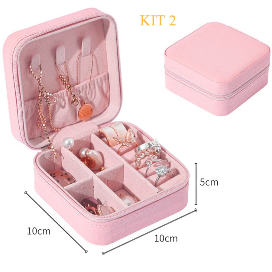 KIT 2 Porta Joia De Bolsa Para Viagem Portátil/ caixa de armazenamento/bolsa/anel/colar COR BABY ROSA