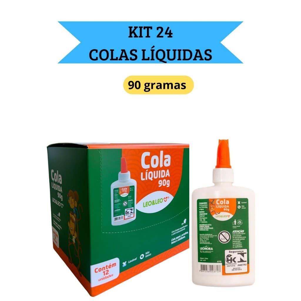 Kit 24 Cola Líquida Branca Escolar 90g com espátula Leo&Leo