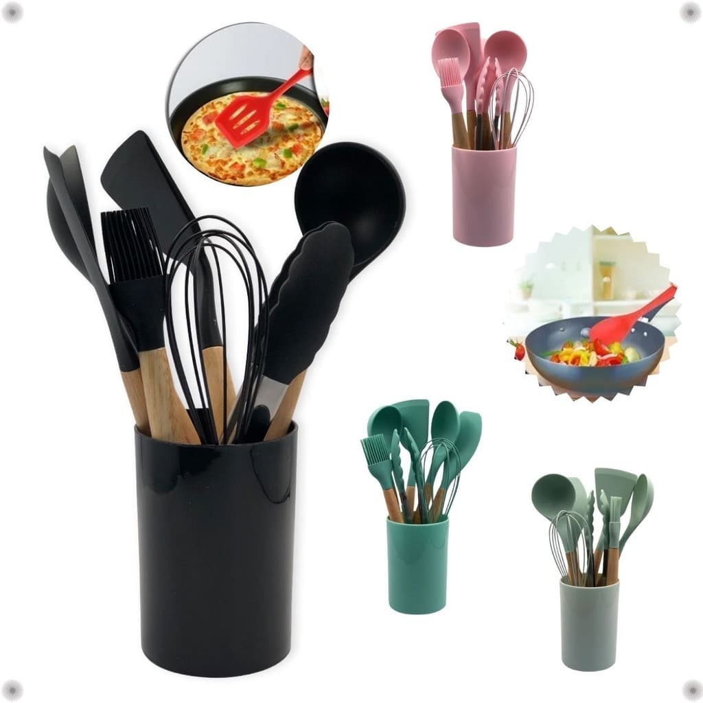 Conjunto 8 Peças Utensilios Silicone Madeira Cozinha Escumadeira Talheres Resistente Jantar Alta Qualidade