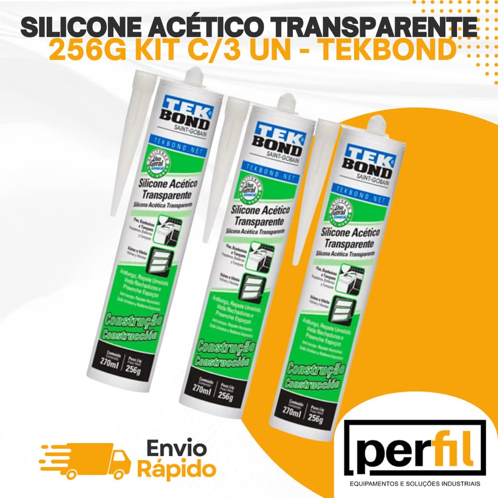KIT SILICONE ACETICO INCOLOR 256G - TEKBOND - 3 UNIDADES
