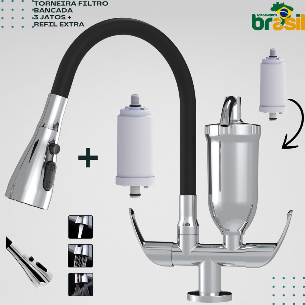 Torneira Filtro Gourmet 3 Jatos Bancada Flexível Cromada Preta + vela extra