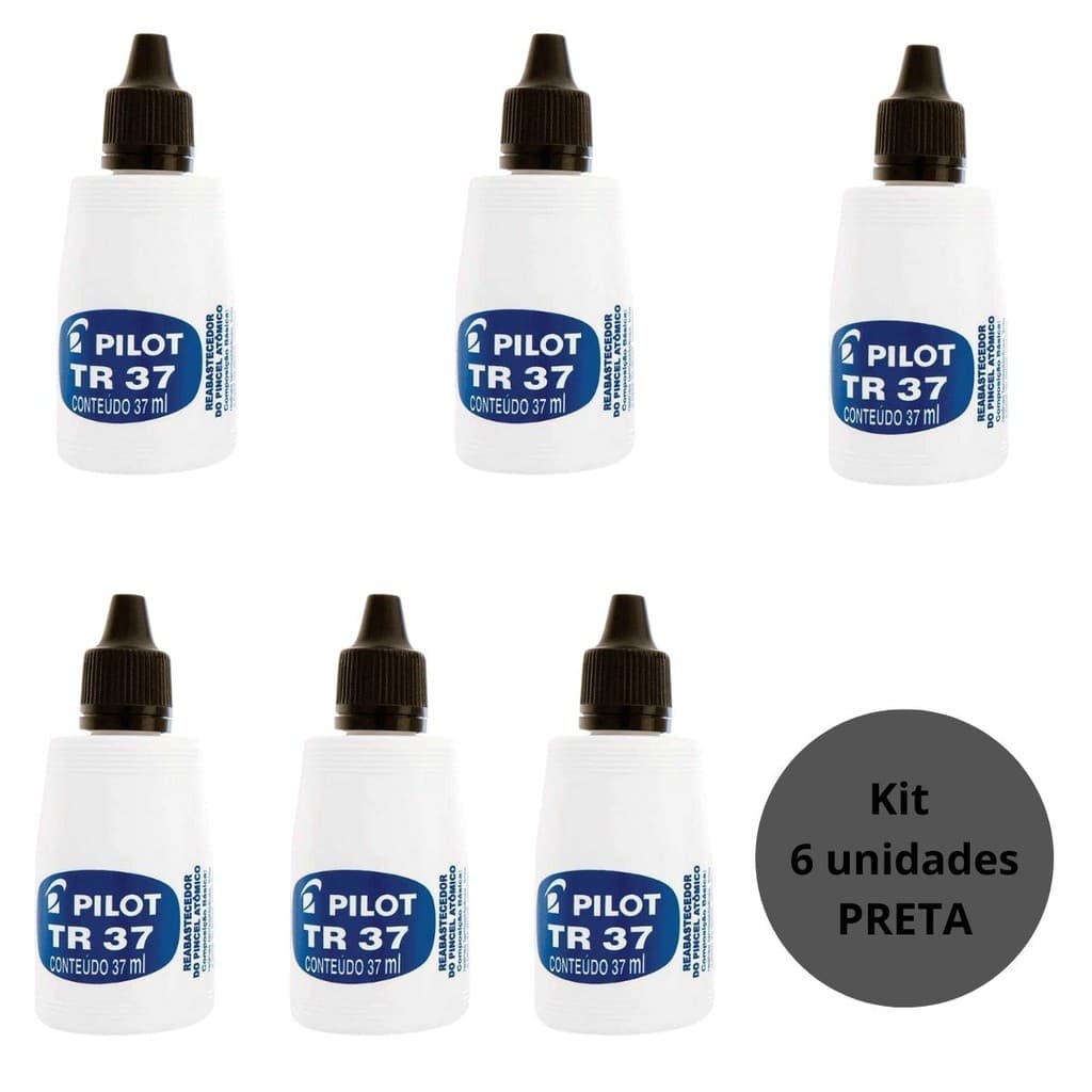 Kit Com 6 Tintas Reabastecedora Permanente 37ml para pincel atômico marcador preto multiuso pilot