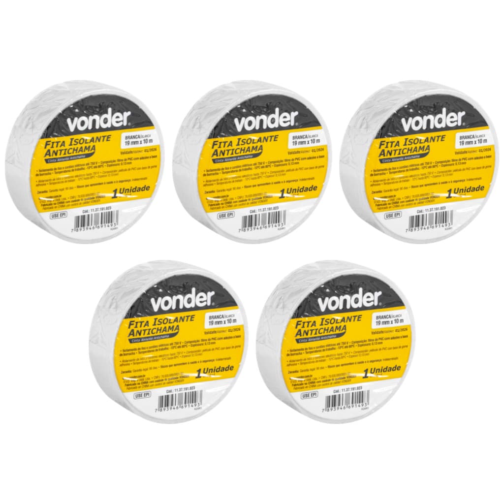 Kit 5 Fitas Isolantes, 19,0 mm x 10 Metros Branca VONDER