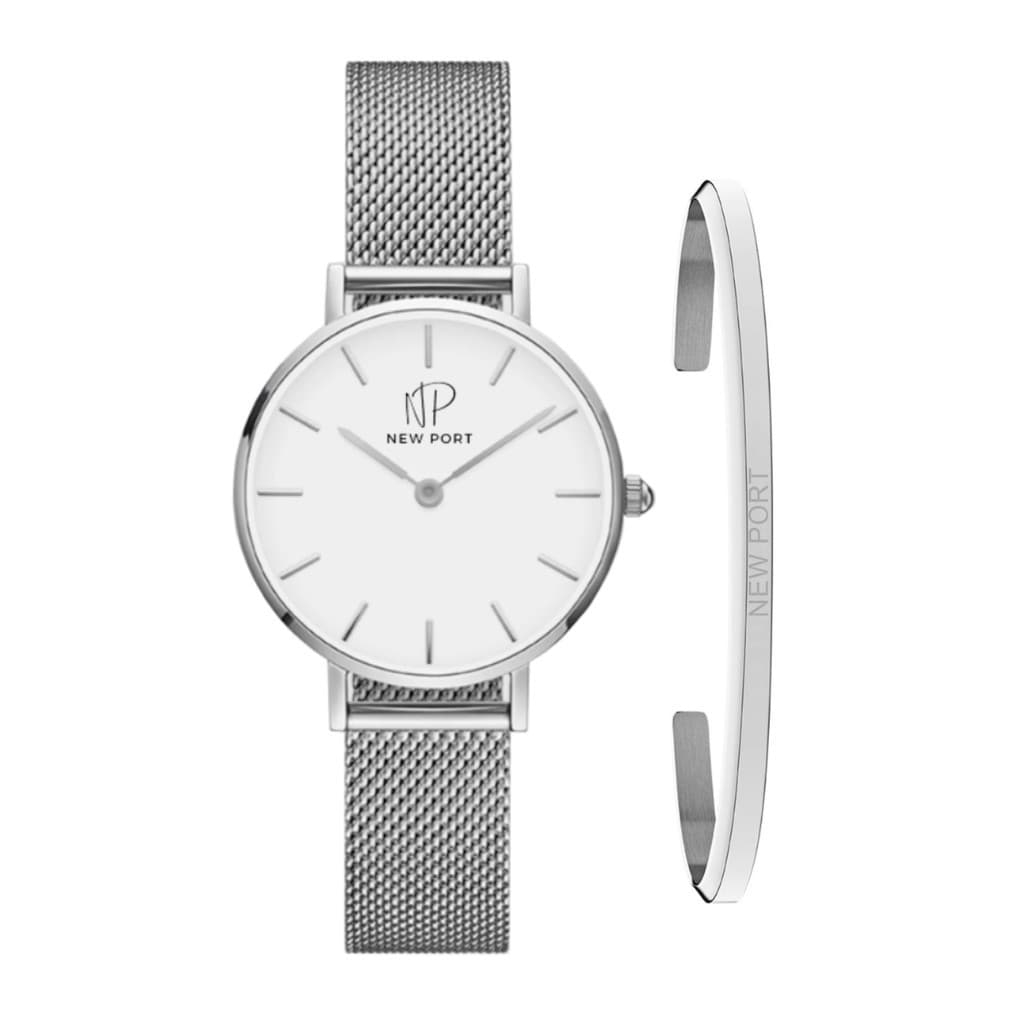 Relógio Feminino Prata Casual Elegante Analógico 32mm + Bracelete Ajustável New Port