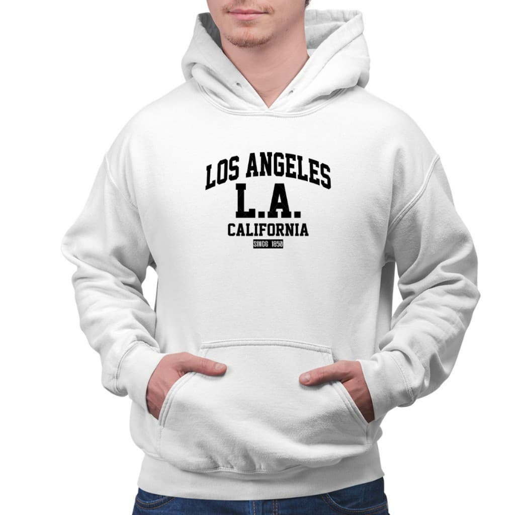 Moletom Canguru Branco Los Angeles Com Capuz Blusa De Frio Algodão Cordão Ajustável Confortável