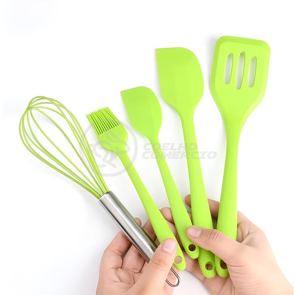 Kit de Cozinha 5 Utensílios de Silicone Resistente a Altas Temperaturas Conjunto Completo Verde