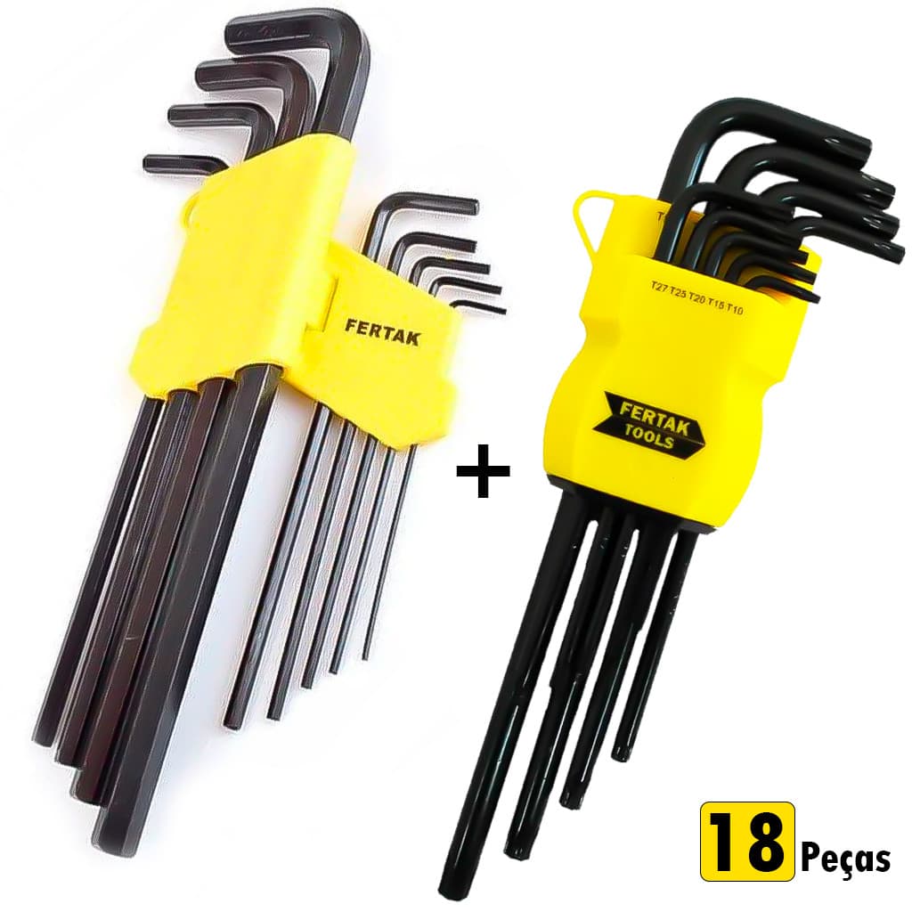 Kit Jogo 18 Peças De Chave Allen Sextavada E Torx Longa Com Furo Cr-V Tipo L Profissional