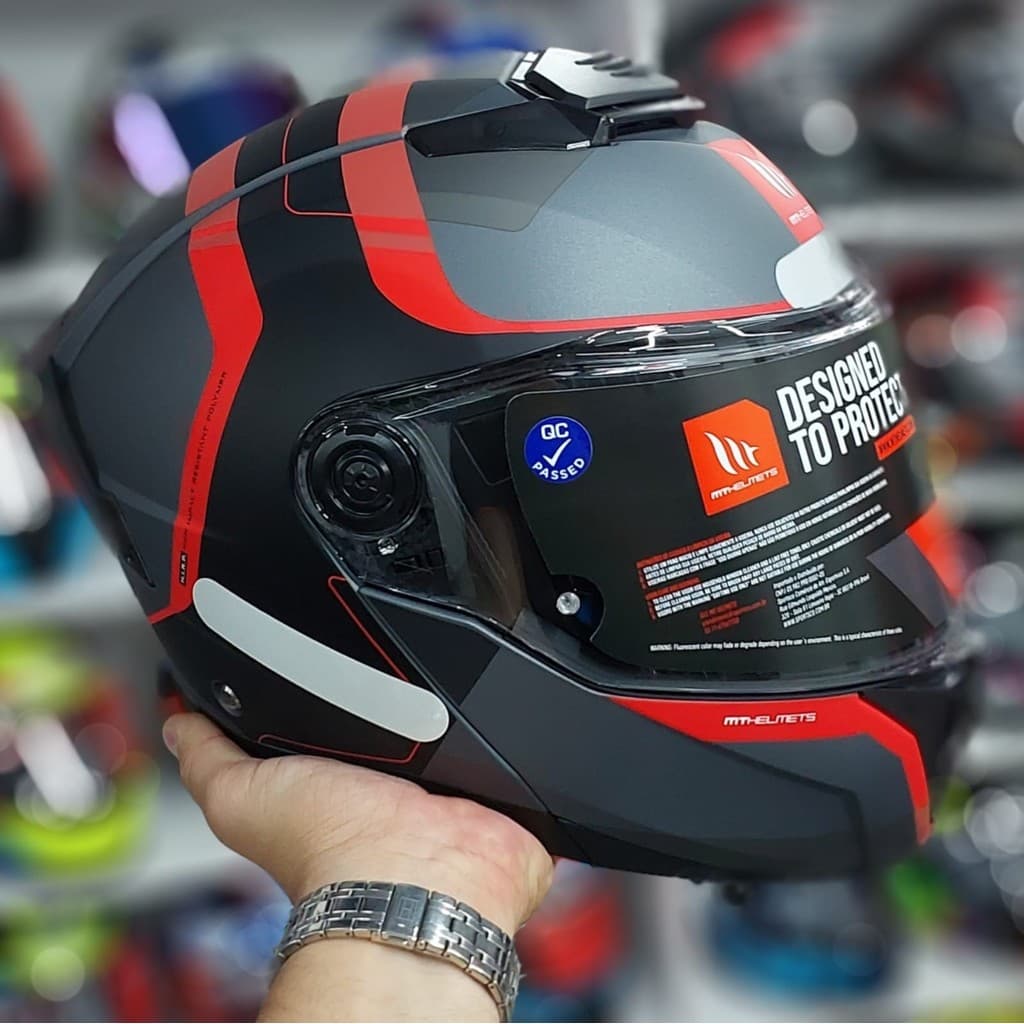 Capacete MT Helmets Atom 2 Emalla B15 Preto Cinza Fosco Vermelho Escamoteável Articulado Robocop