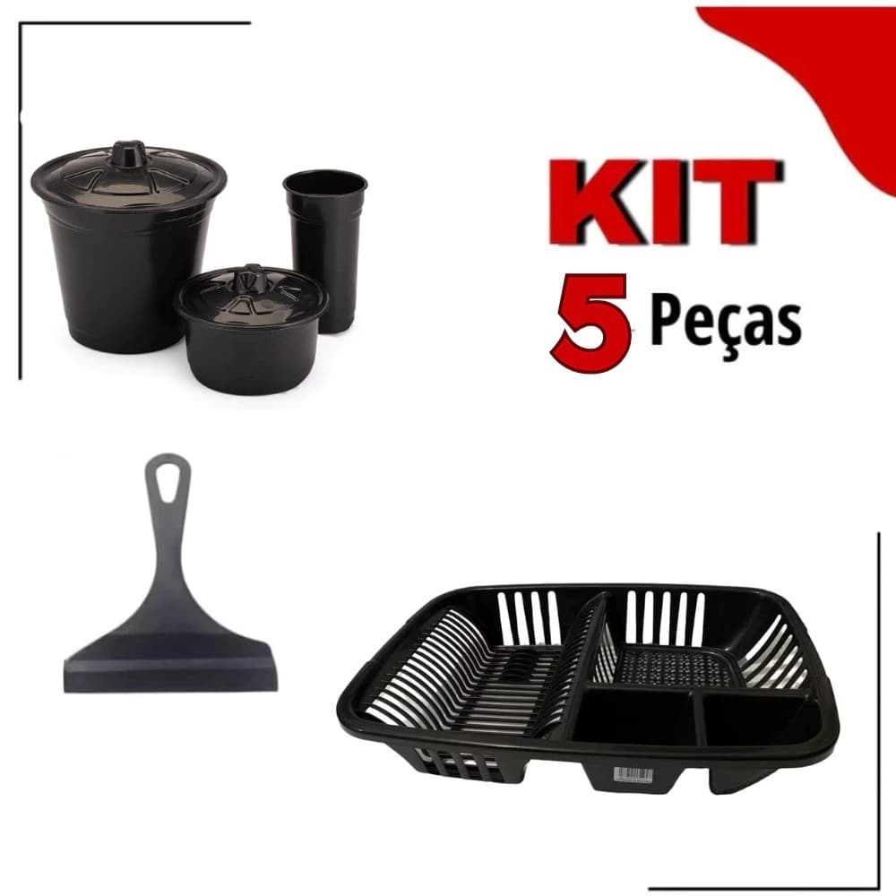 Kit Pia de Cozinha Com Lixeira Escorredor de Louça 18 Pratos Porta Detergente + Rodinho de Pia