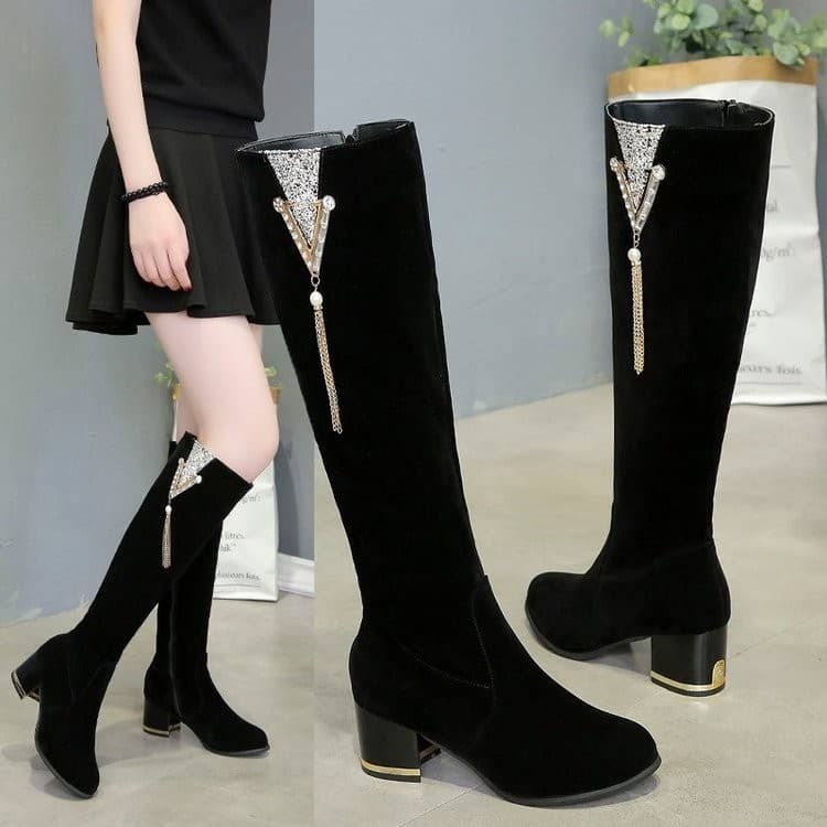 Novas botas de outono e inverno, salto grosso, salto alto, couro fosco, botas femininas, zíper lateral, veludo, botas quentes de pernas finas