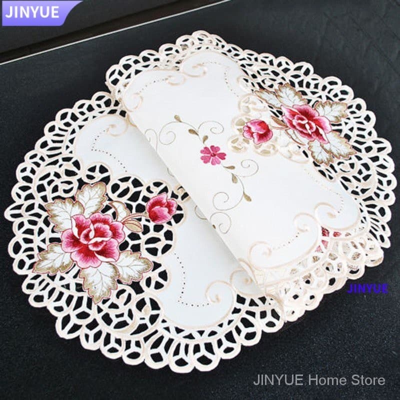 JINYUE Oval Toalha De Mesa País Estilo Floral Bordado Rendas Reportável Tabela Mat