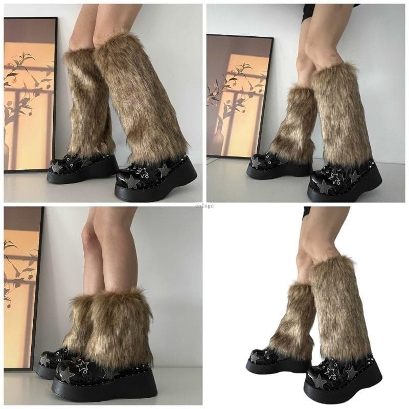 Leg Warmer Women Faux Furs Fuzzy Long Boots Shoes Cuffs Cover Warm Furry Costume