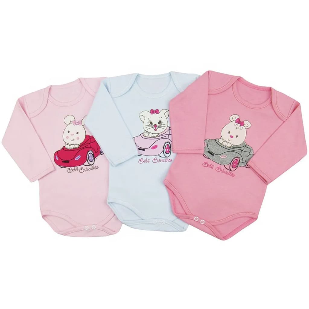 Body Bebê 100% Algodão Feminino Manga Longa Kit com 3 Unidades