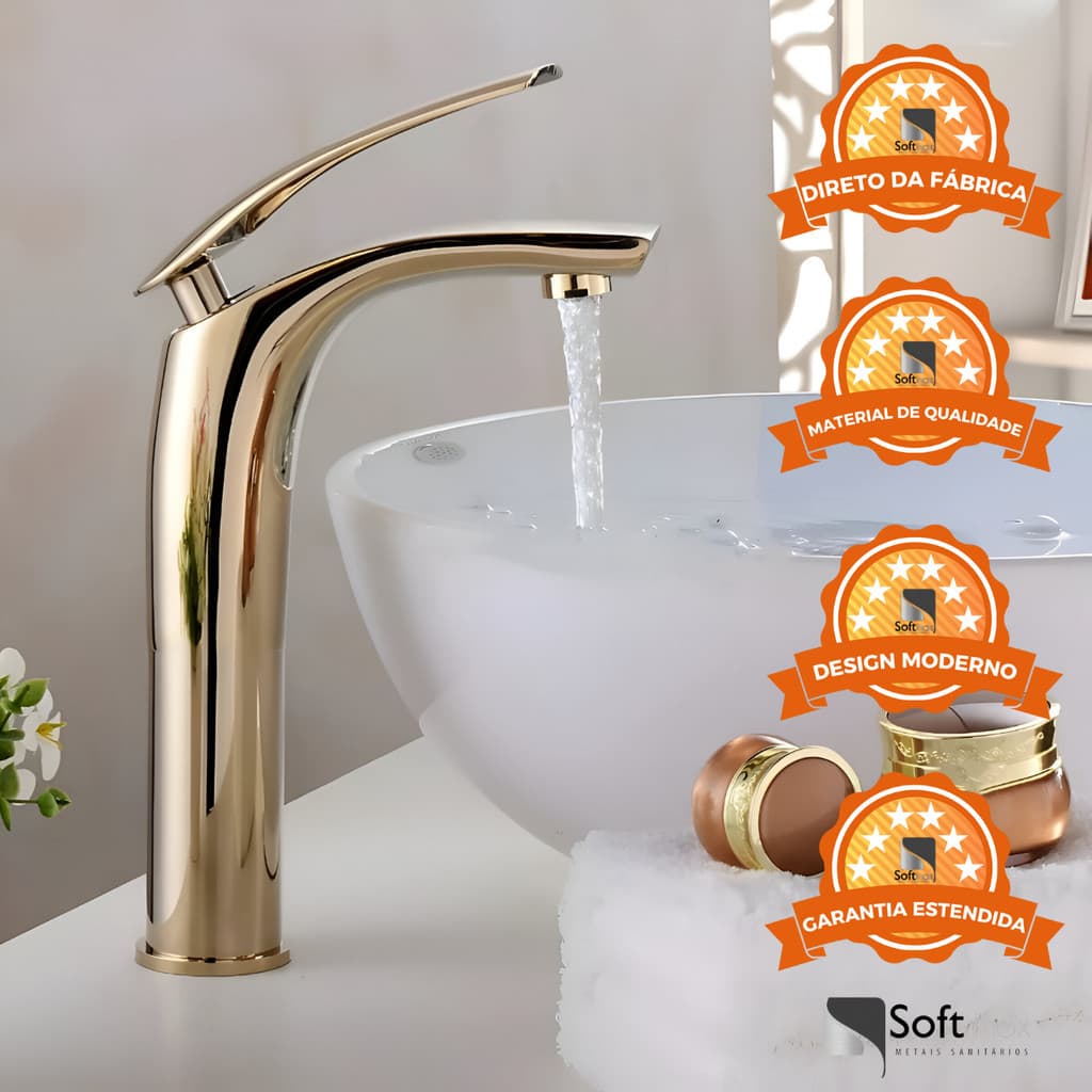 Torneira Misturador Monocomando Lavatório Bica Alta Tigris Full Gold