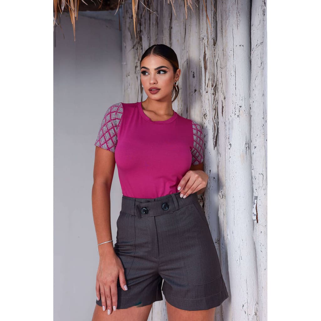 CYNDRA Blusa Gola Redonda Lurex Na Manga Curta Elegante Tendência