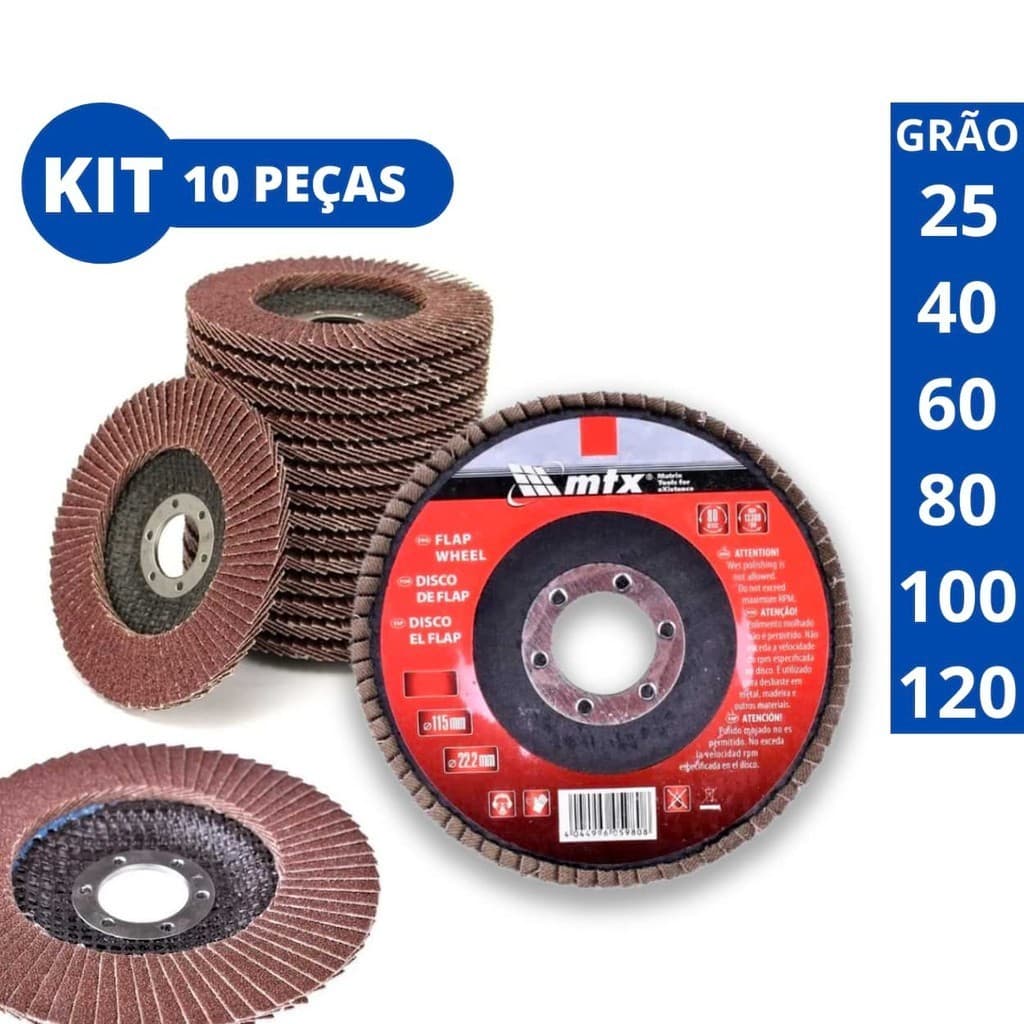 Kit Disco Flap Lixa para Lixadeira Esmerilhadeira P/ Ferro ou Madeira 4.1/2 Escolha Grão 25 40 60 80 100 120