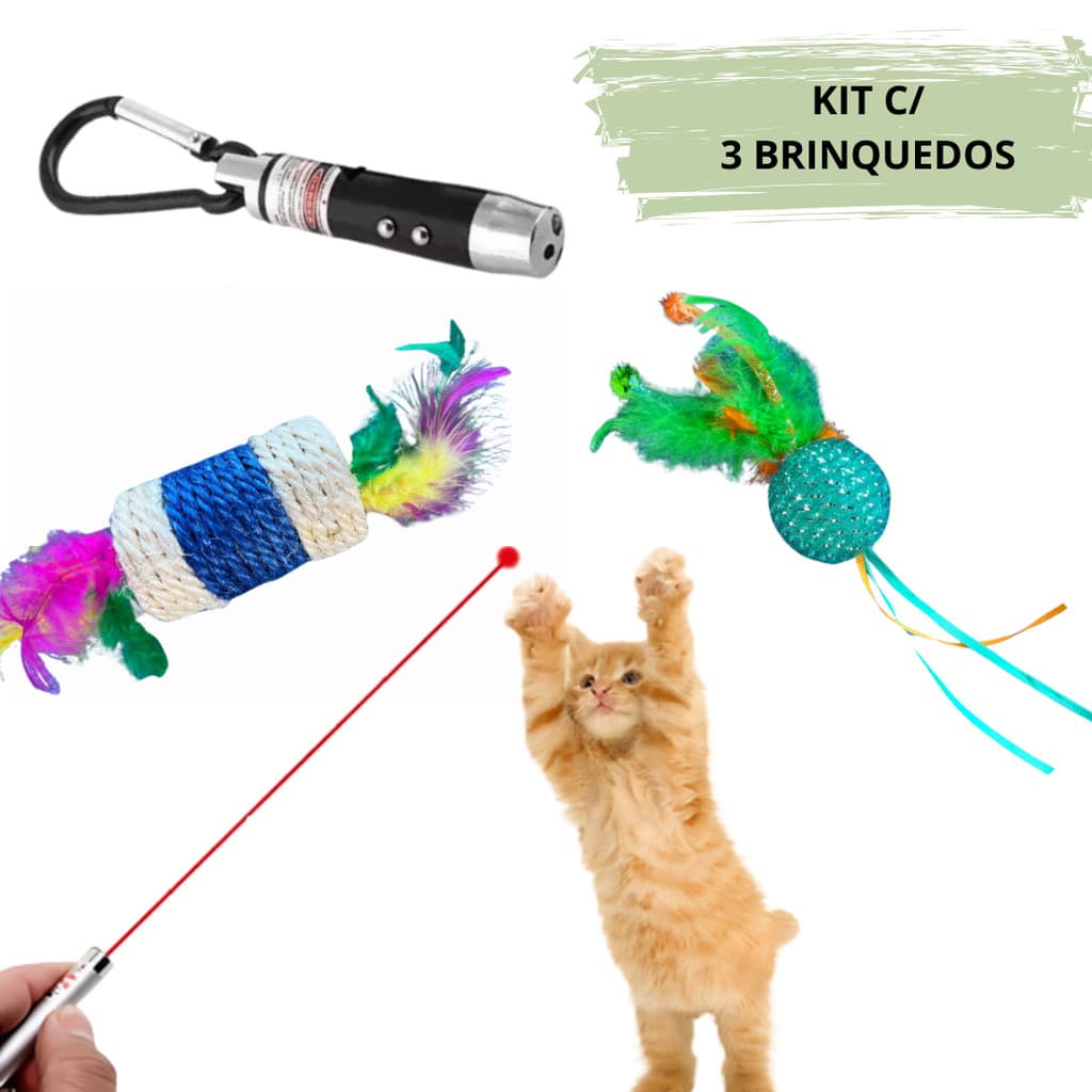Kit 3 brinquedos Interativos P/ Gatos Pet - Chaveiro com Laser Lanterna e Luz Negra
