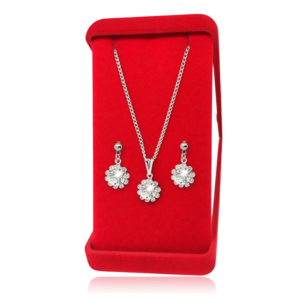Conjunto Colar E Brincos Flor De Luz Prata Aço Inox Zircônia