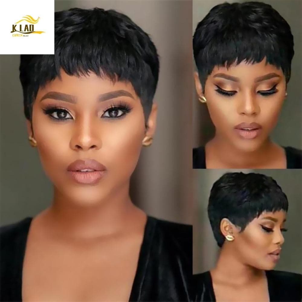 KLAOSD Pixie Cut Peruca , Extensão De Cabelo África Curta Reta , Falso Perucas Sintéticas Naturais Com Franja
