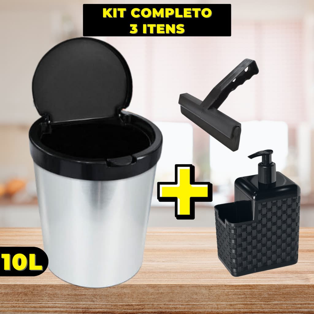 Kit Lixeira Pia 10 Litros + Porta Detergente Sabão + Rodinho de Pia