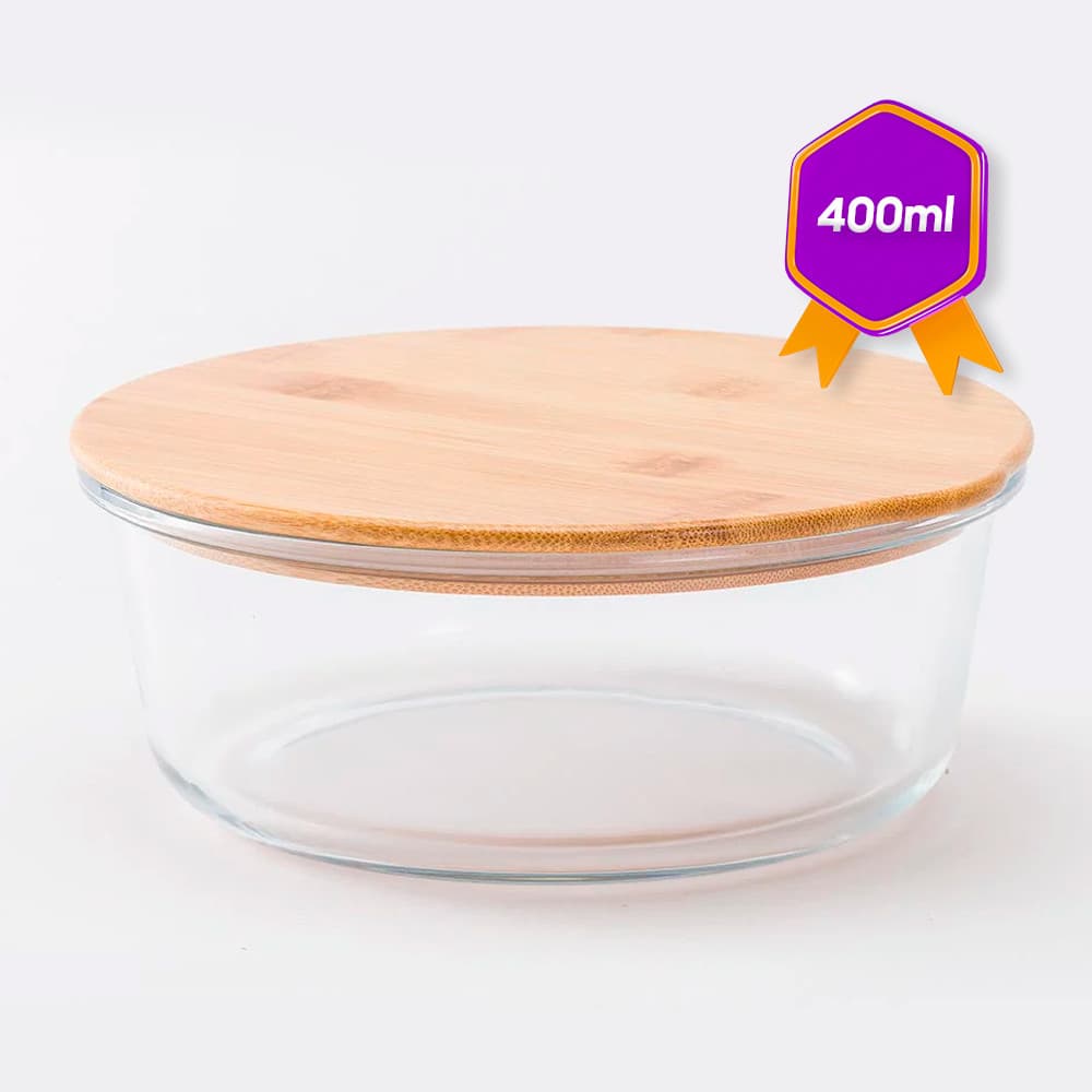 Pote Hermético Vidro Refratário Travessa Tampa Bambu 400ml Redondo