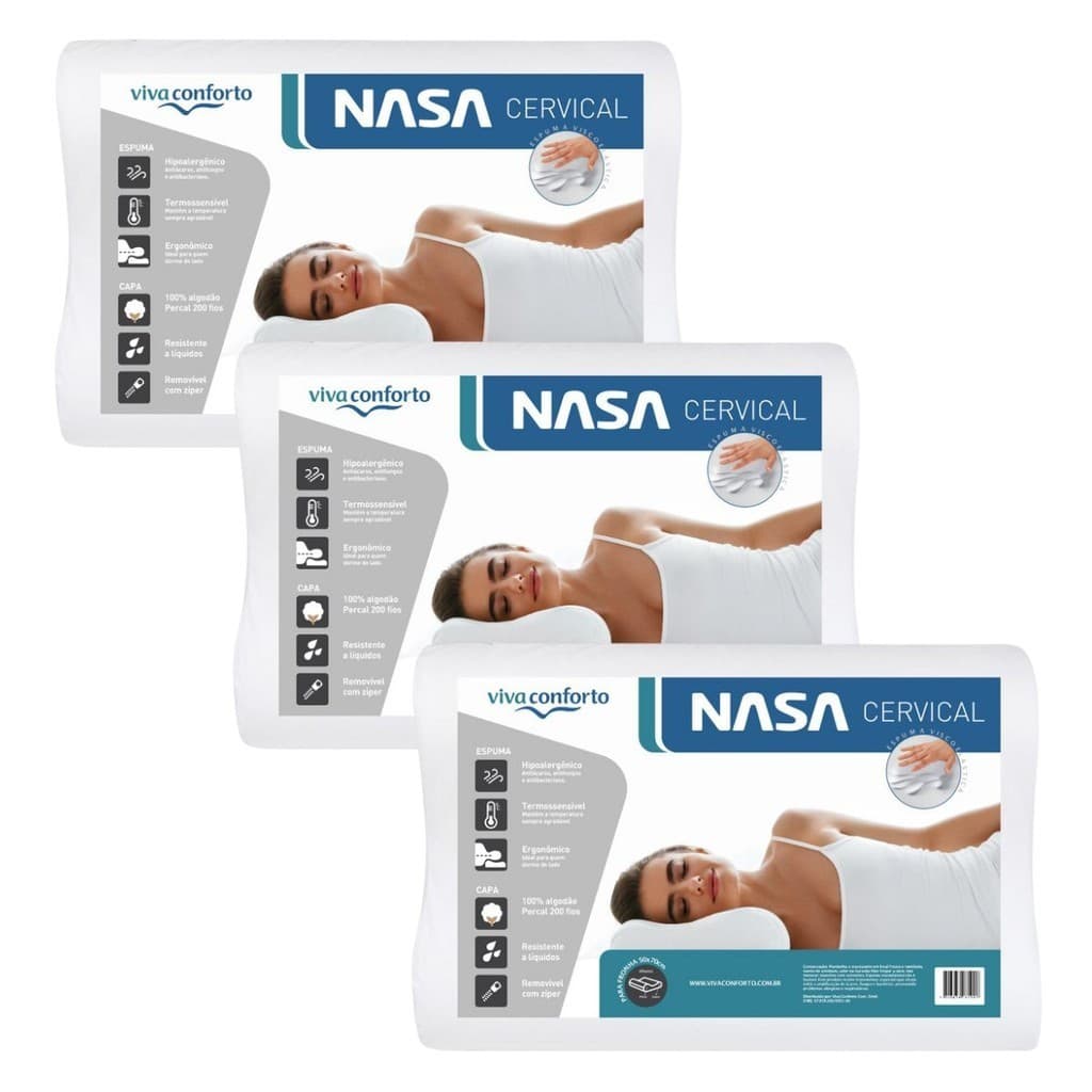 Kit 3 Travesseiros Nasa Cervical Visco Ortopédico Capa Percal 200 Fios 100% Algodão Viva Conforto